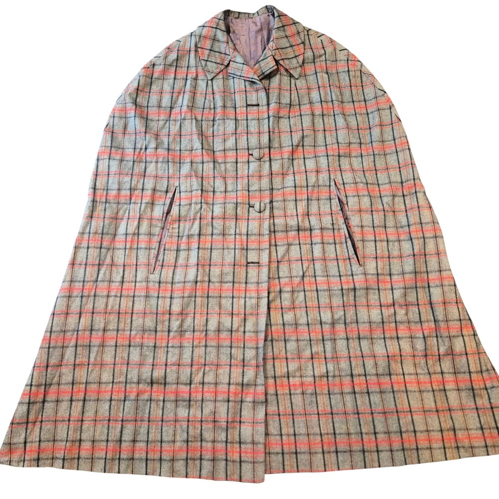 VTG 1960s 70s Plaid Wool Cape Coat Mod Dark Academia Sherlock Cloak OS Pockets